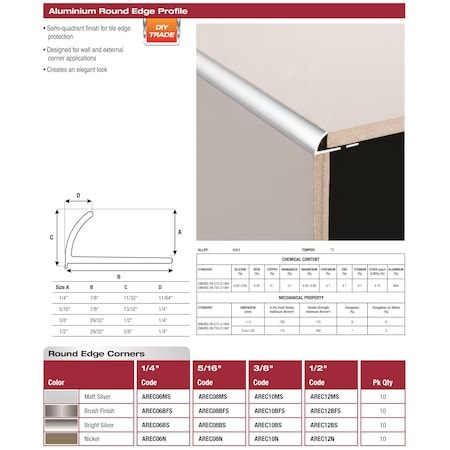 Dta 8Ft Round Edge corner 1/2" Satin Nickle AREC12N